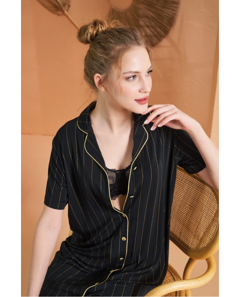 Pjs 27043 Kadın Kısa Kol Çizgili Önü Düğmeli Gecelik