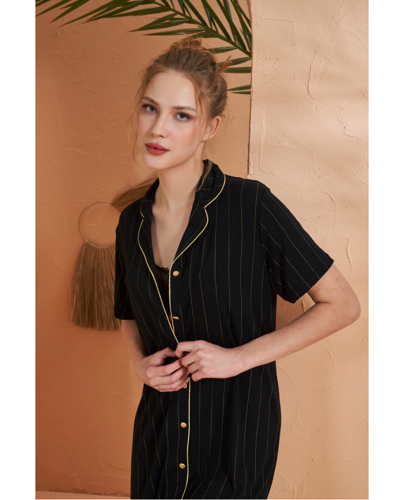 Pjs 27043 Kadın Kısa Kol Çizgili Önü Düğmeli Gecelik