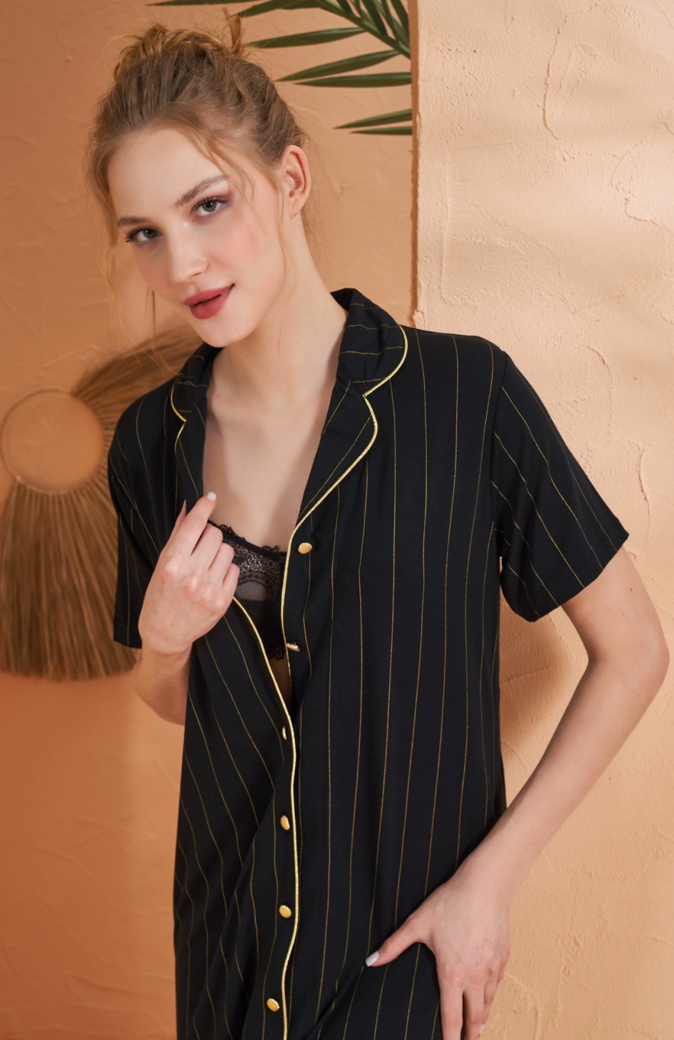 Pjs 27043 Kadın Kısa Kol Çizgili Önü Düğmeli Gecelik