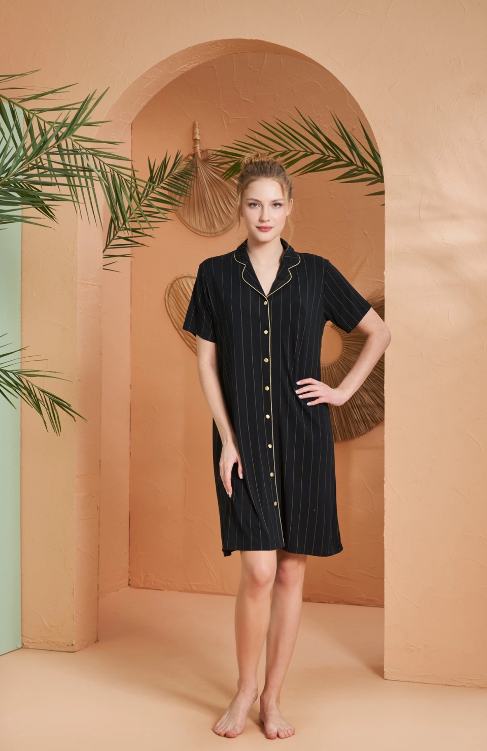 Pjs 27043 Kadın Kısa Kol Çizgili Önü Düğmeli Gecelik