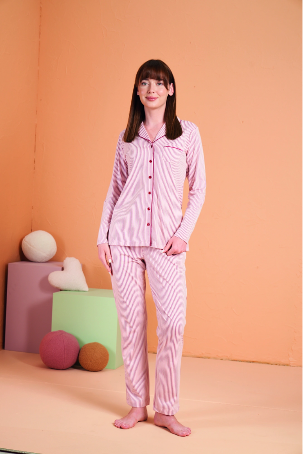 PJS 28001 Kadın Uzun Kol Çizgili Önü Düğmeli Pijama Takım
