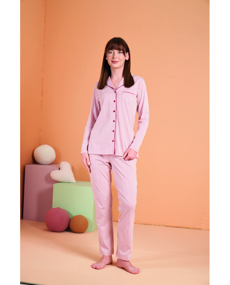 PJS 28001 Kadın Uzun Kol Çizgili Önü Düğmeli Pijama Takım Somersan Giyim | Kadın, Erkek ve Çocuk Moda
