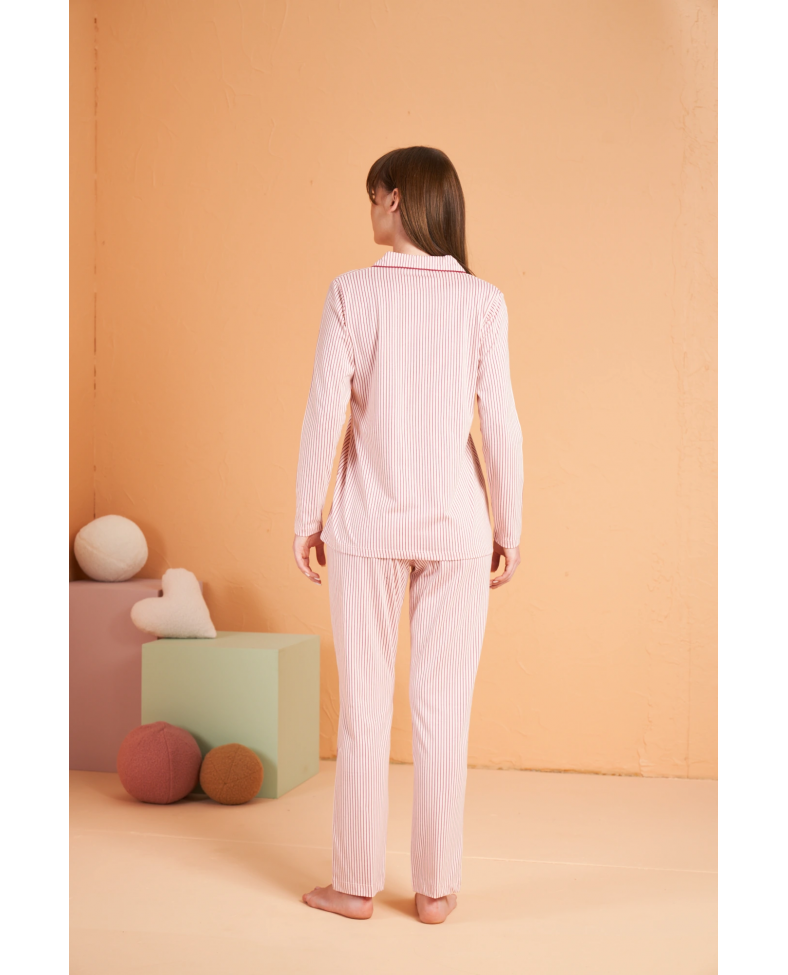 PJS 28001 Kadın Uzun Kol Çizgili Önü Düğmeli Pijama Takım Somersan Giyim | Kadın, Erkek ve Çocuk Moda