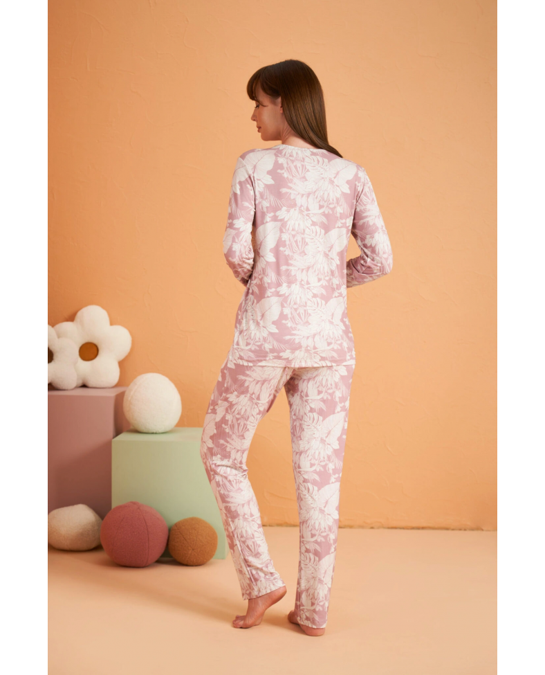 PJS 28017 Kadın Uzun Kol Önü Düğmeli Pijama Takım