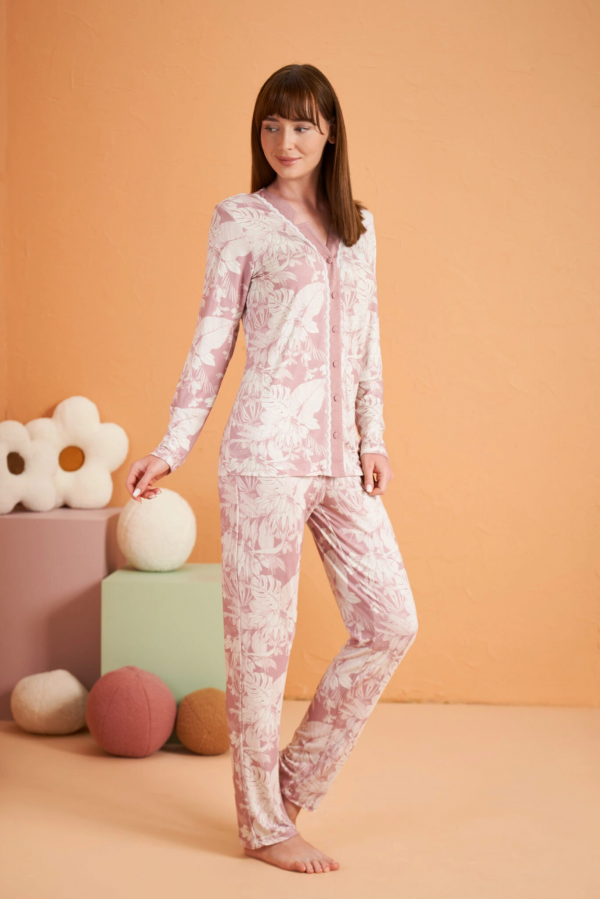 PJS 28017 Kadın Uzun Kol Önü Düğmeli Pijama Takım