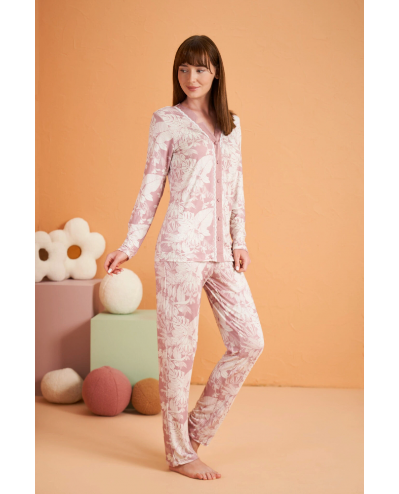 PJS 28017 Kadın Uzun Kol Önü Düğmeli Pijama Takım