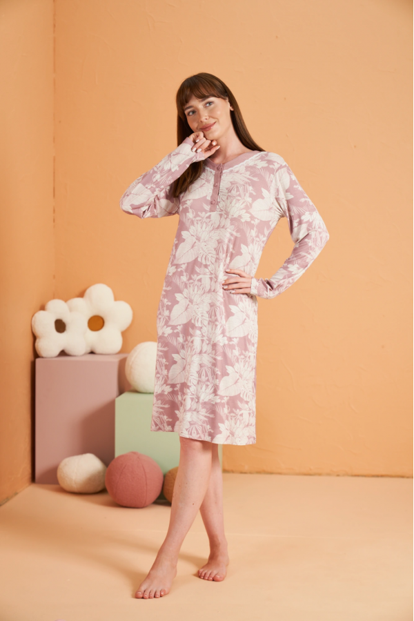 PJS 28019 Kadın Uzun Kol Desenli Gecelik