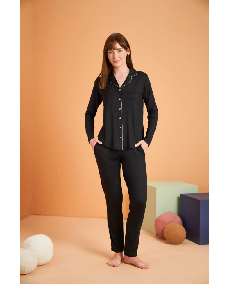 PJS 28049 Kadın Uzun Kol Önü Düğmeli Pijama Takım