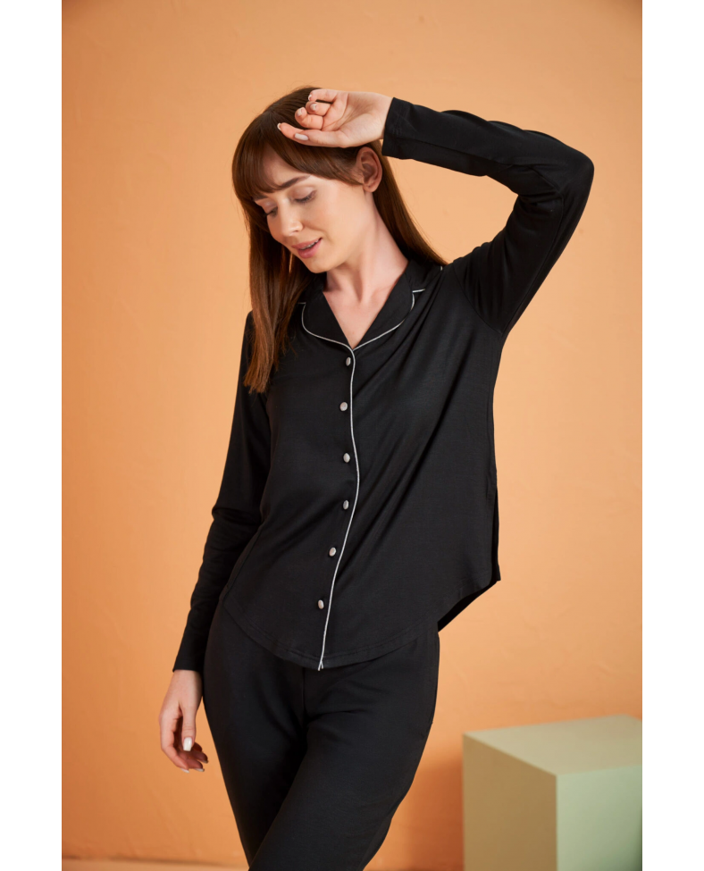 PJS 28049 Kadın Uzun Kol Önü Düğmeli Pijama Takım