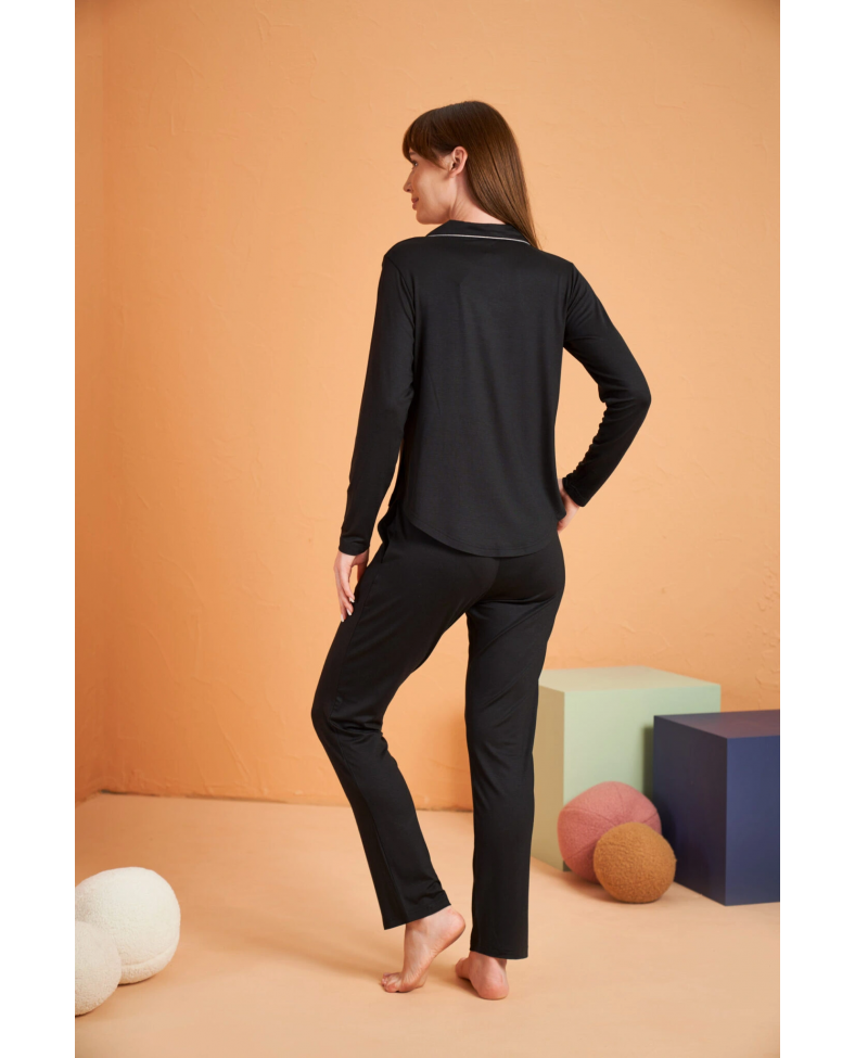 PJS 28049 Kadın Uzun Kol Önü Düğmeli Pijama Takım