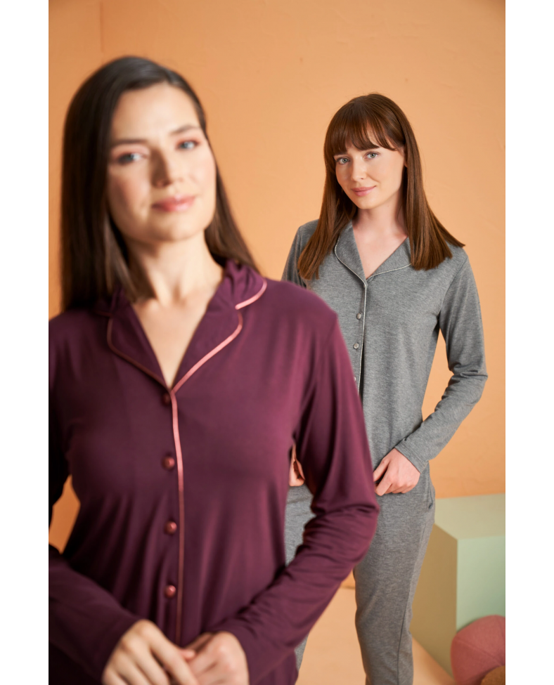 PJS 28049 Kadın Uzun Kol Önü Düğmeli Pijama Takım Somersan Giyim | Kadın, Erkek ve Çocuk Moda