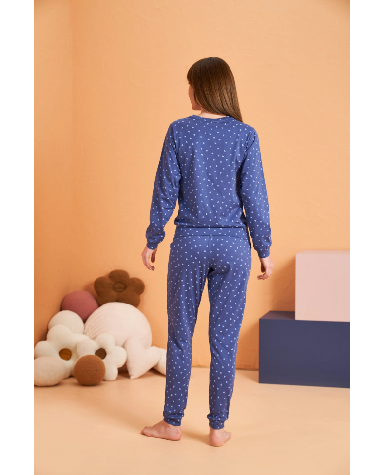 PJS 28081 Kadın Uzun Kol Yuvarlak Yaka Kalpli Pijama Takım