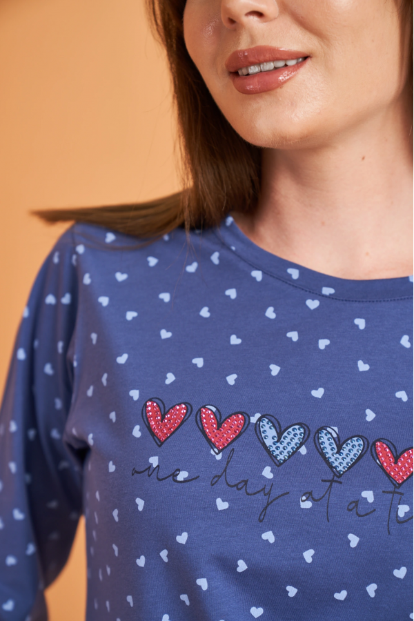 PJS 28081 Kadın Uzun Kol Yuvarlak Yaka Kalpli Pijama Takım