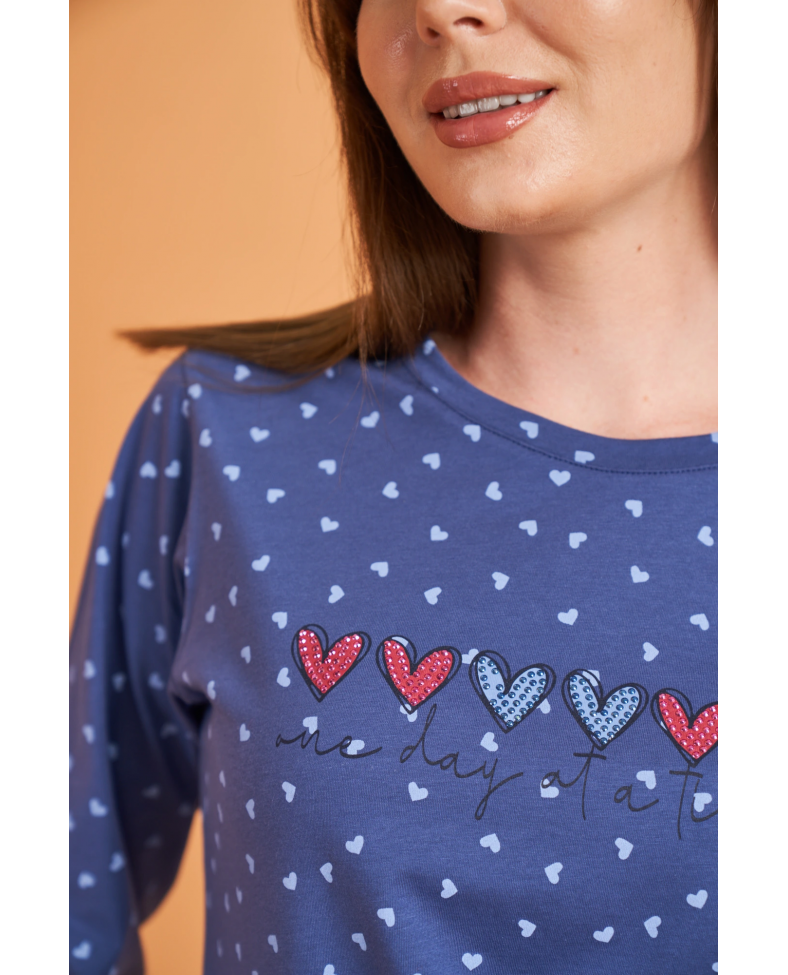 PJS 28081 Kadın Uzun Kol Yuvarlak Yaka Kalpli Pijama Takım