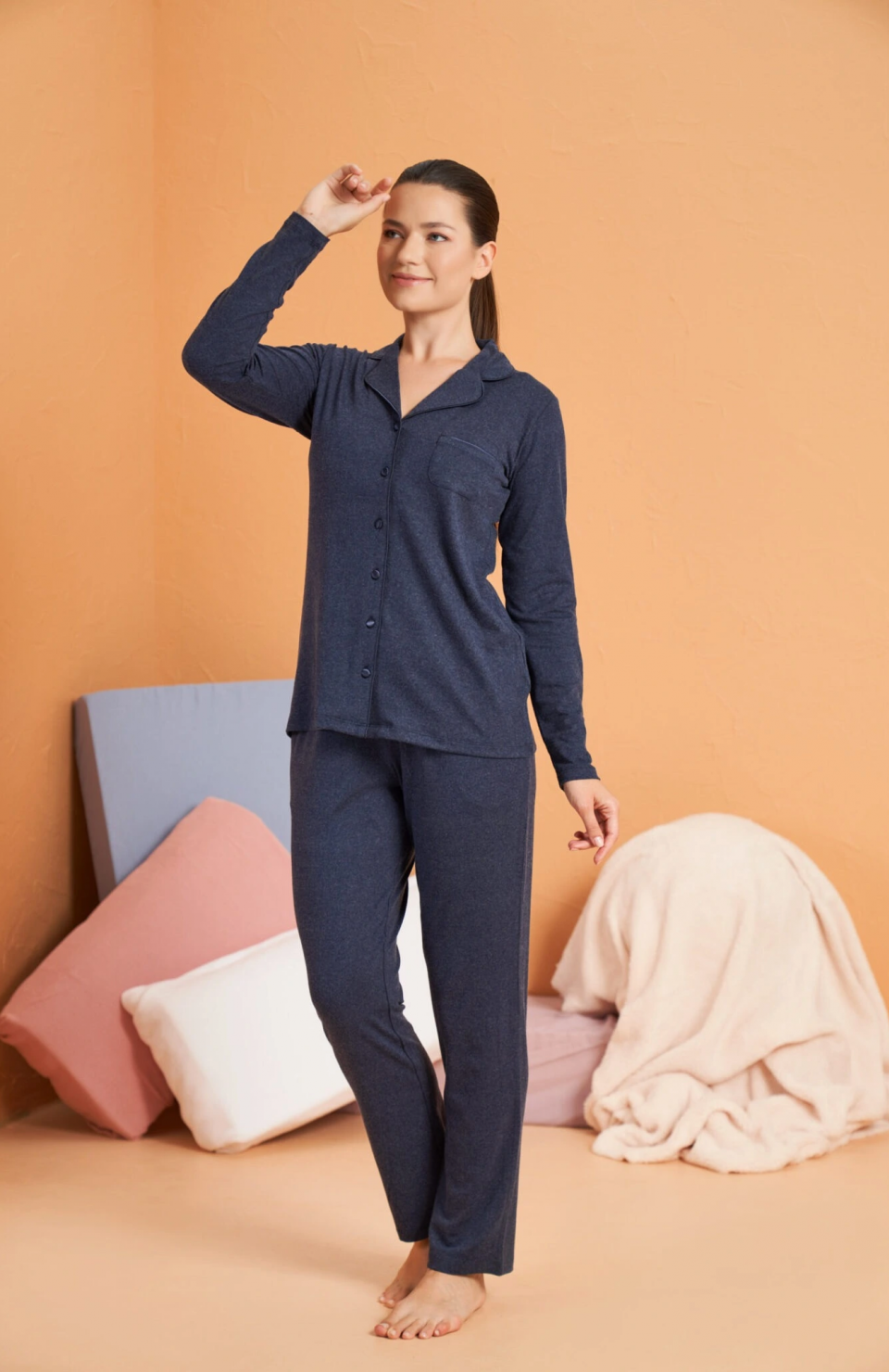 PJS 28090 Kadın Gömlek Yaka Patlı Pijama Takımı