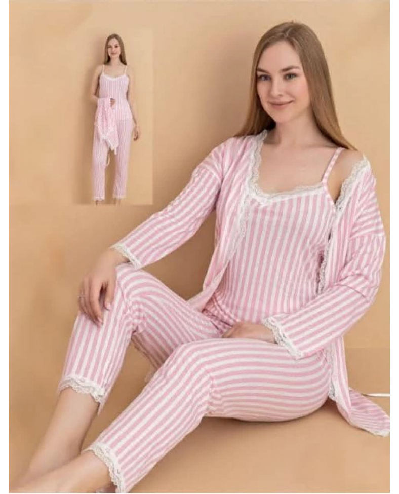 Stil Moda 6064 Kadın Çizgili Askılı Sabahlıklı Pijama Takımı Somersan Giyim | Kadın, Erkek ve Çocuk Moda
