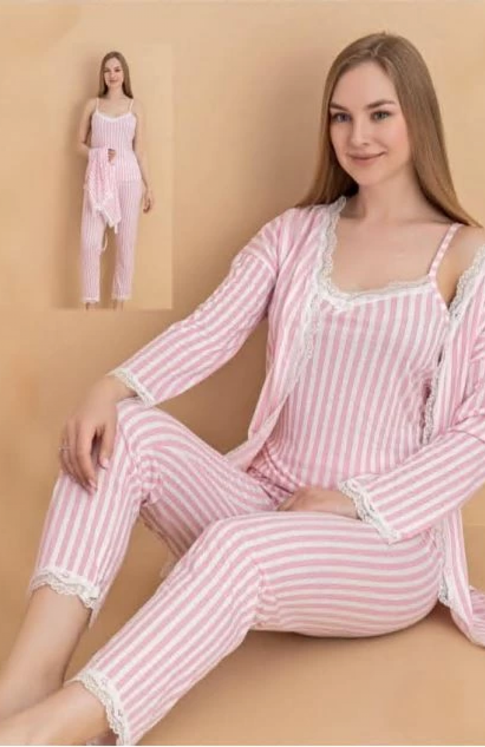 Stil Moda 6064 Kadın Çizgili Askılı Sabahlıklı Pijama Takımı