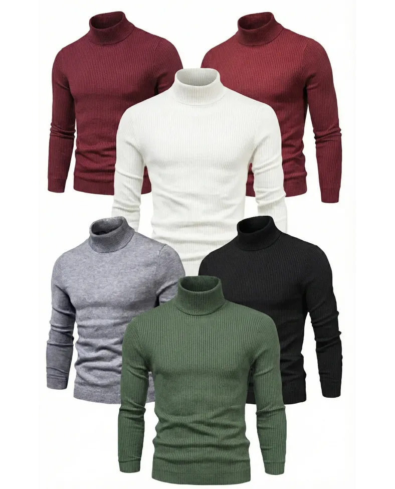 ERKEK 6'lı Siyah, Beyaz, Bordo, Gri, Haki Kaşkorse Boğazlı Full Likralı Fitilli Body Kazak