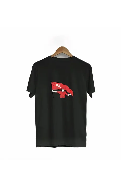 1 Mayıs Emekçilerimiz İçin Özel Tasarım Bayraklı Emekçi Baskılı T-shirt - Siyah