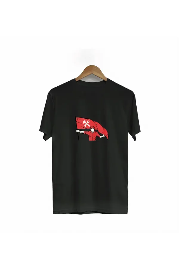 1 Mayıs Emekçilerimiz İçin Özel Tasarım Bayraklı Emekçi Baskılı T-shirt - Siyah