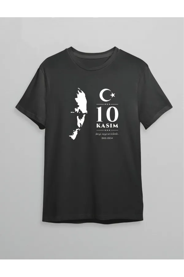 10 Kasım Atatürk Anma Günü Silüet Baskılı Oversize Bisiklet Yaka T-shirt - Siyah