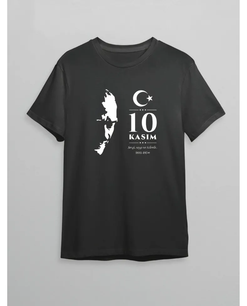 10 Kasım Atatürk Anma Günü Silüet Baskılı Oversize Bisiklet Yaka T-shirt - Siyah