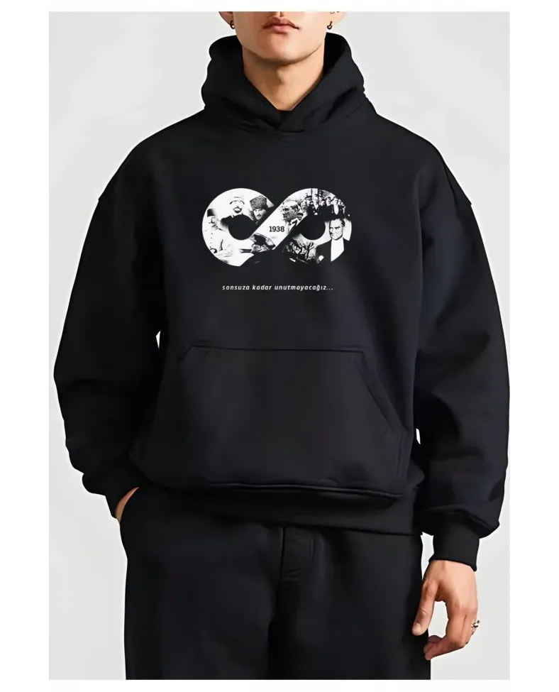 10 Kasıma Özel Üç İplik Kapüşonlu Baskılı SweatShirt - Siyah