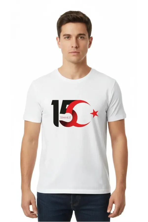15 Temmuz Demokrasi ve Milli Birlik Günü Ay Yıldız Baskılı T-shirt - Beyaz
