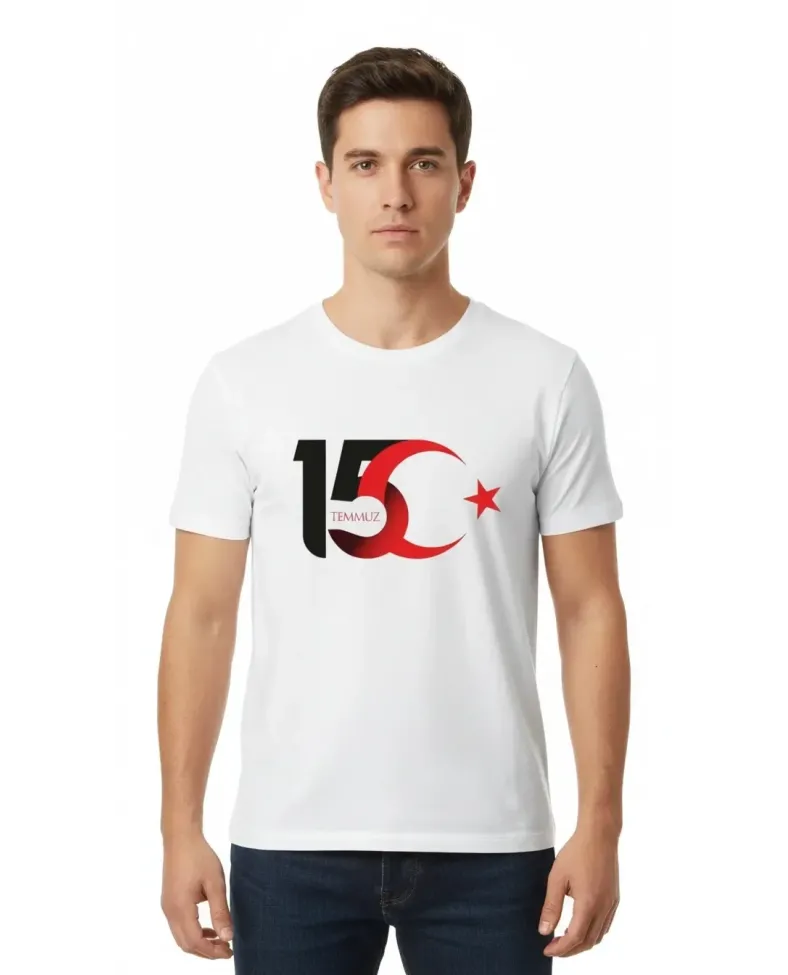 15 Temmuz Demokrasi ve Milli Birlik Günü Ay Yıldız Baskılı T-shirt - Beyaz