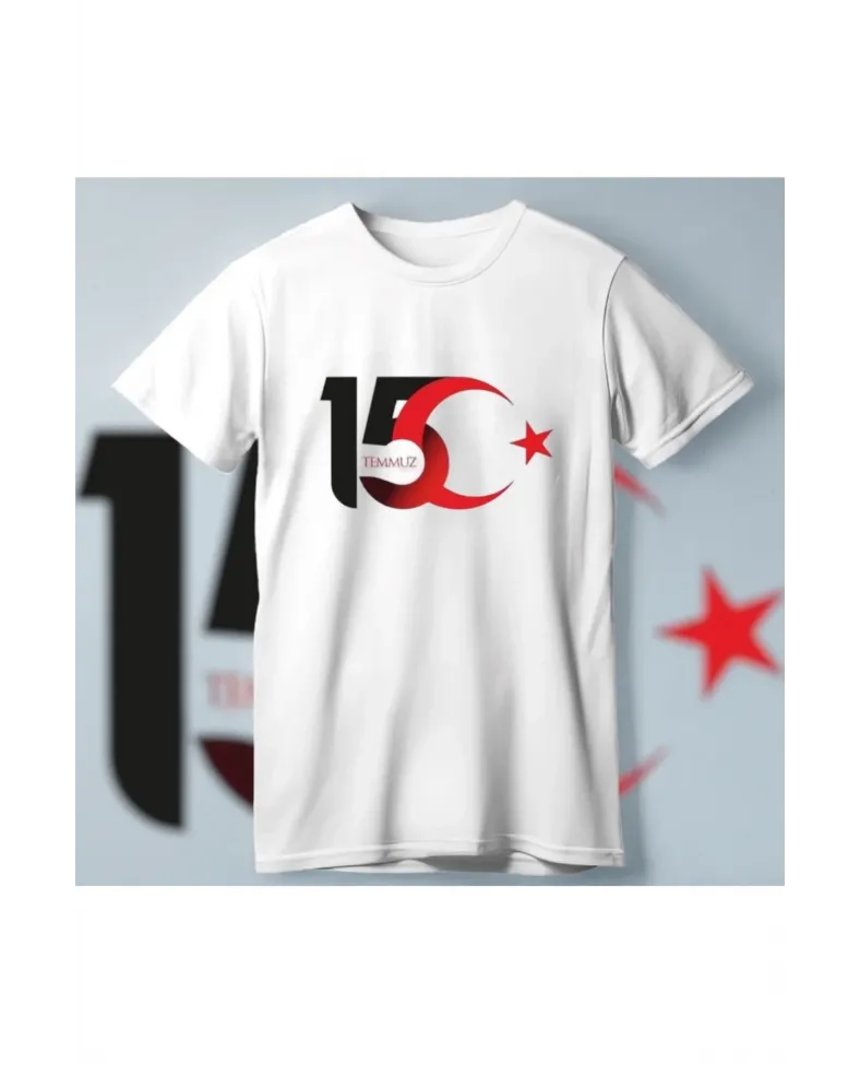 15 Temmuza Özel Tasarım Ay Yıldız Baskılı T-shirt - Beyaz