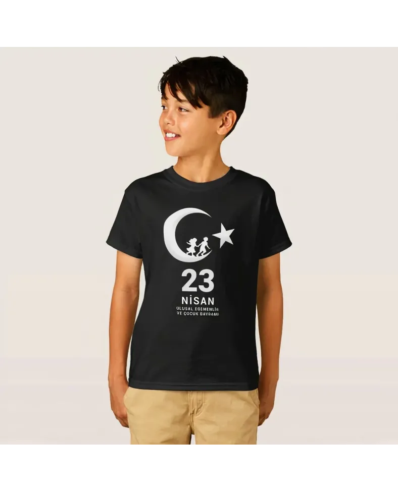 Çocuk 23 Nisan Ulusal Egemenlik ve Çocuk Bayramı Baskılı Bisiklet Yaka T-shirt - Siyah