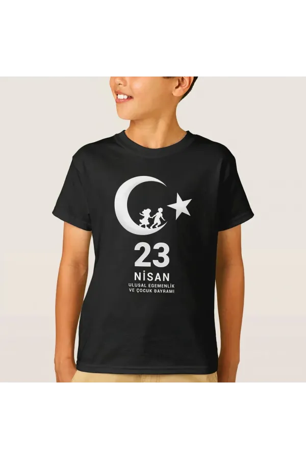 Çocuk 23 Nisan Ulusal Egemenlik ve Çocuk Bayramı Baskılı Bisiklet Yaka T-shirt - Siyah