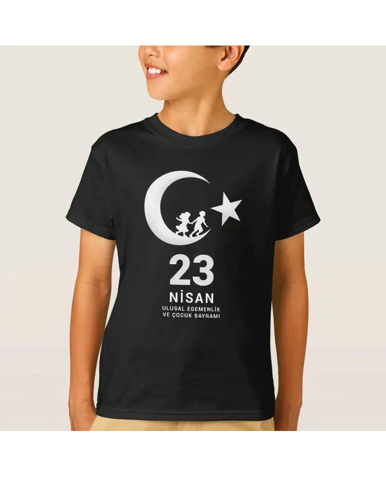 Çocuk 23 Nisan Ulusal Egemenlik ve Çocuk Bayramı Baskılı Bisiklet Yaka T-shirt - Siyah
