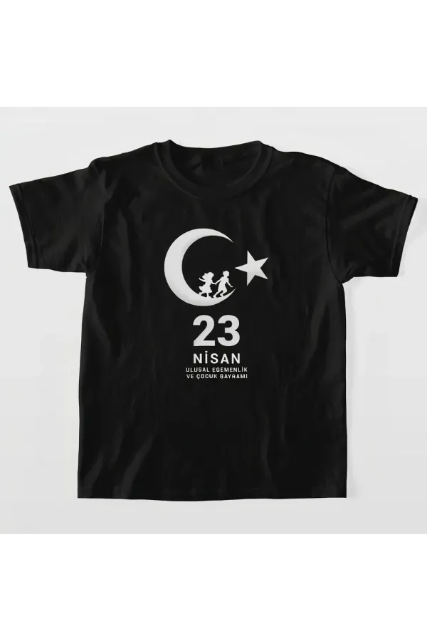 Çocuk 23 Nisan Ulusal Egemenlik ve Çocuk Bayramı Baskılı Bisiklet Yaka T-shirt - Siyah