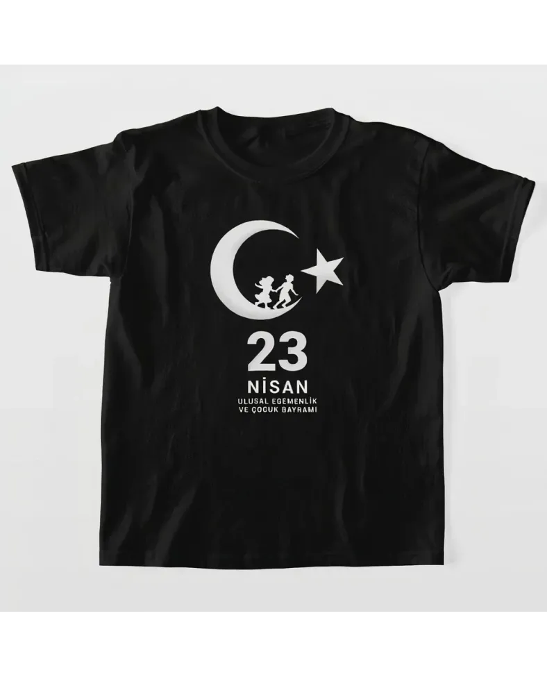 Çocuk 23 Nisan Ulusal Egemenlik ve Çocuk Bayramı Baskılı Bisiklet Yaka T-shirt - Siyah