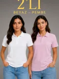 2'li Kadın Polo Yaka Pike Kumaş Düğmeli Basic Tişört Günlük Rahat Kesim - Beyaz, Pembe