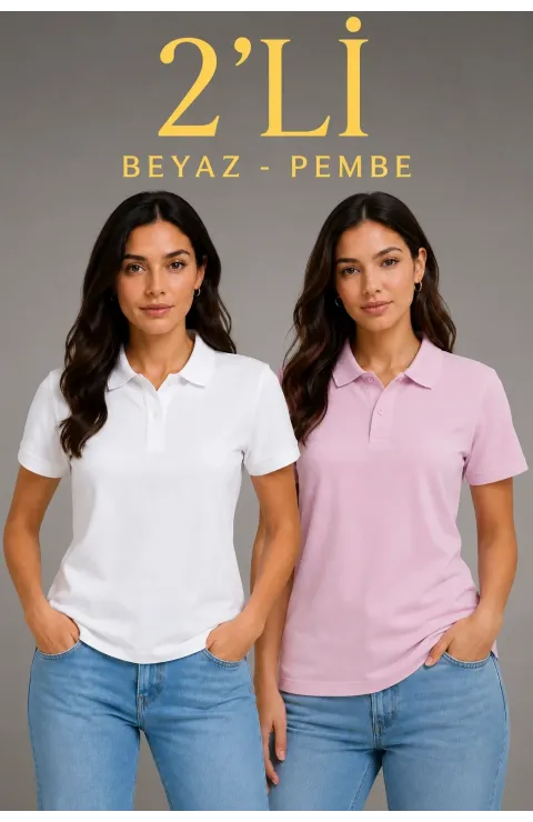 2'li Kadın Polo Yaka Pike Kumaş Düğmeli Basic Tişört Günlük Rahat Kesim - Beyaz, Pembe