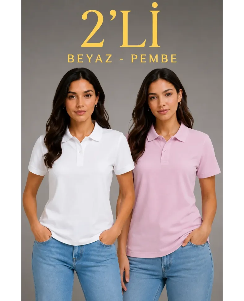 2'li Kadın Polo Yaka Pike Kumaş Düğmeli Basic Tişört Günlük Rahat Kesim - Beyaz, Pembe