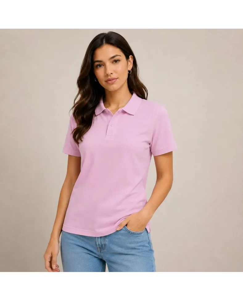 2'li Kadın Polo Yaka Pike Kumaş Düğmeli Basic Tişört Günlük Rahat Kesim - Beyaz, Pembe