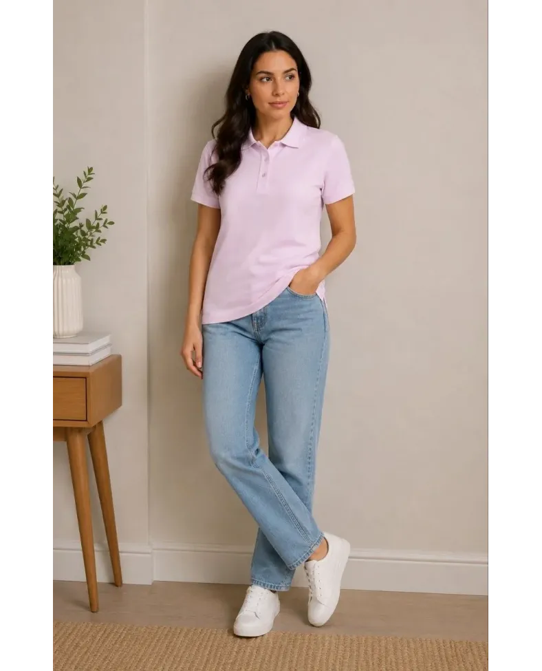 2'li Kadın Polo Yaka Pike Kumaş Düğmeli Basic Tişört Günlük Rahat Kesim - Beyaz, Pembe