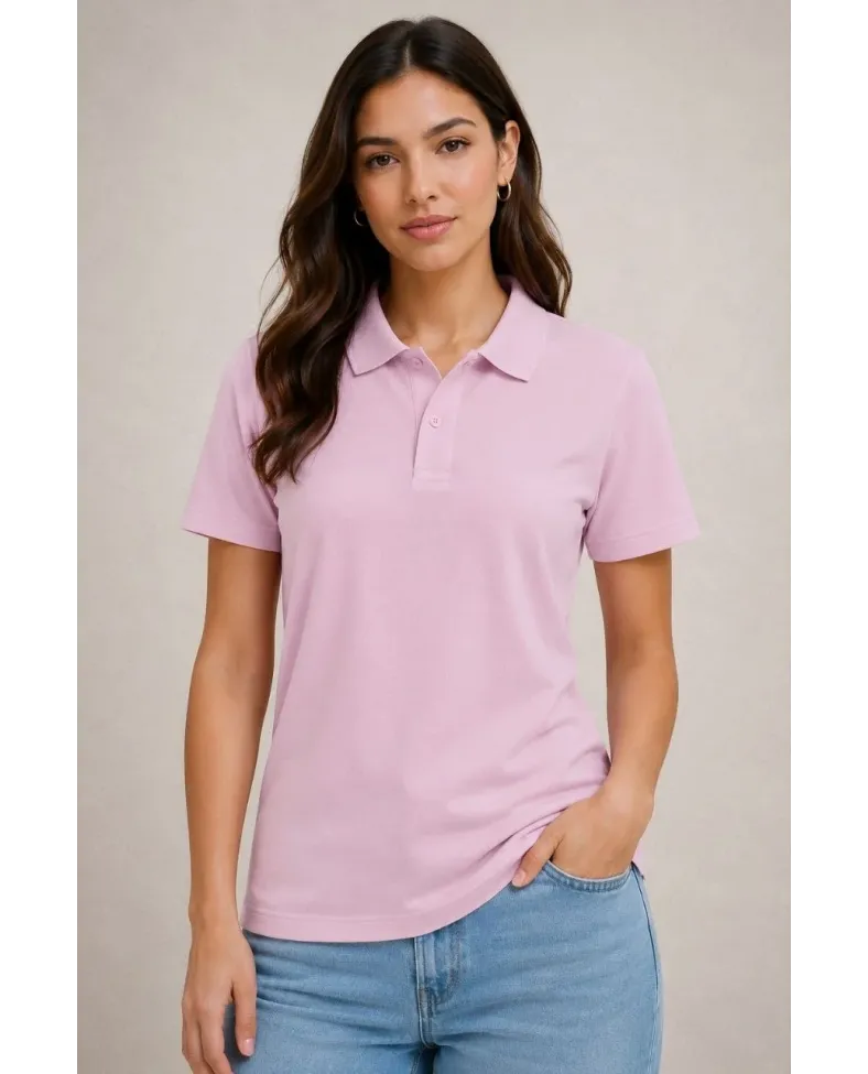 2'li Kadın Polo Yaka Pike Kumaş Düğmeli Basic Tişört Günlük Rahat Kesim - Beyaz, Pembe