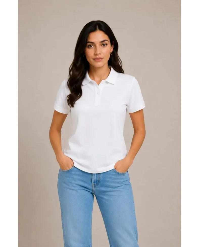 2'li Kadın Polo Yaka Pike Kumaş Düğmeli Basic Tişört Günlük Rahat Kesim - Beyaz, Pembe