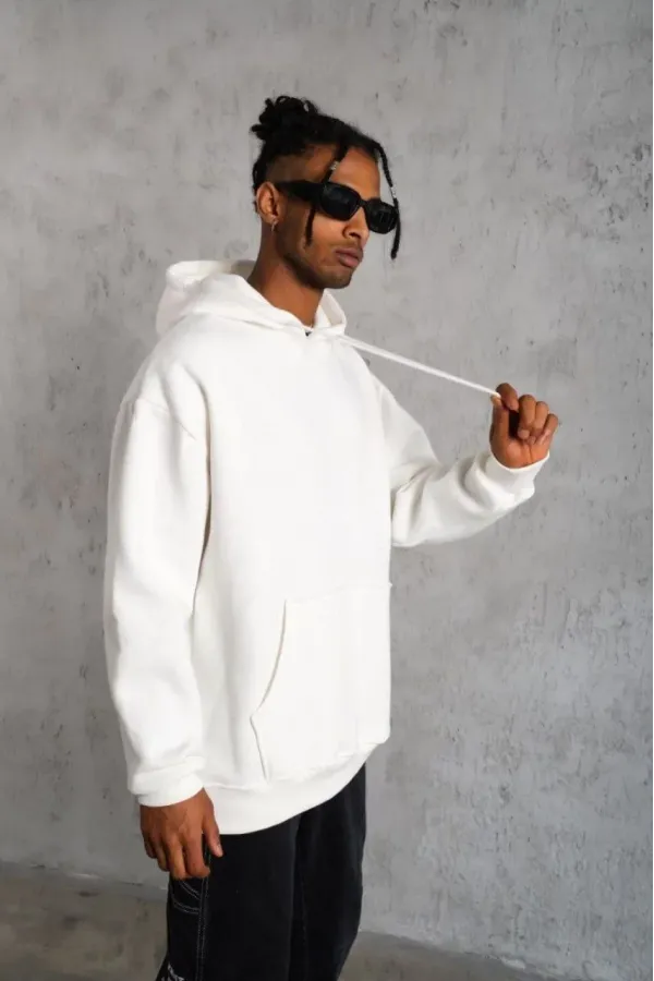 3 İplik Kapşonlu Sweatshirt - Beyaz