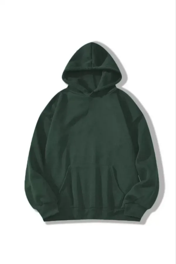 Kadın Kapüşonlu Kanguru Cepli 3 İplik Pamuklu Düz Hoodie Sweatshirt - Haki