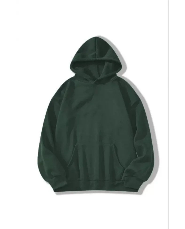 Kadın Kapüşonlu Kanguru Cepli 3 İplik Pamuklu Düz Hoodie Sweatshirt - Haki