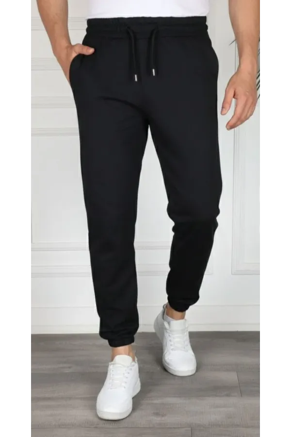 Erkek Jogger Eşofman Altı Rahat Kalıp, Cepli, Lastikli Paça, Günlük Spor Pantolon - Siyah