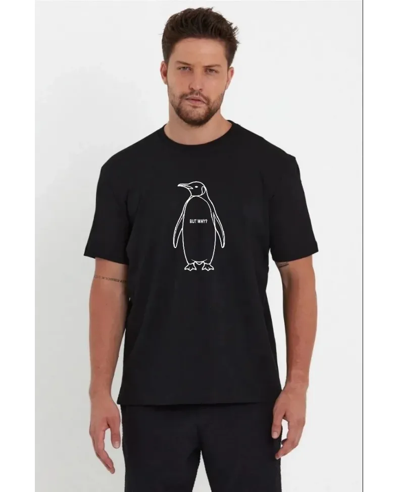 Erkek Nihilist Penguen Özel Tasarım Oversize Bisiklet Yaka Tişört - Siyah