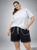 Kadın Battal Beden Kısa Kollu Tişört Şort Takım Kontrast Dikiş Detaylı Günlük Ev Giyimi - Beyaz