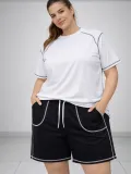 Kadın Battal Beden Kısa Kollu Tişört Şort Takım Kontrast Dikiş Detaylı Günlük Ev Giyimi - Beyaz