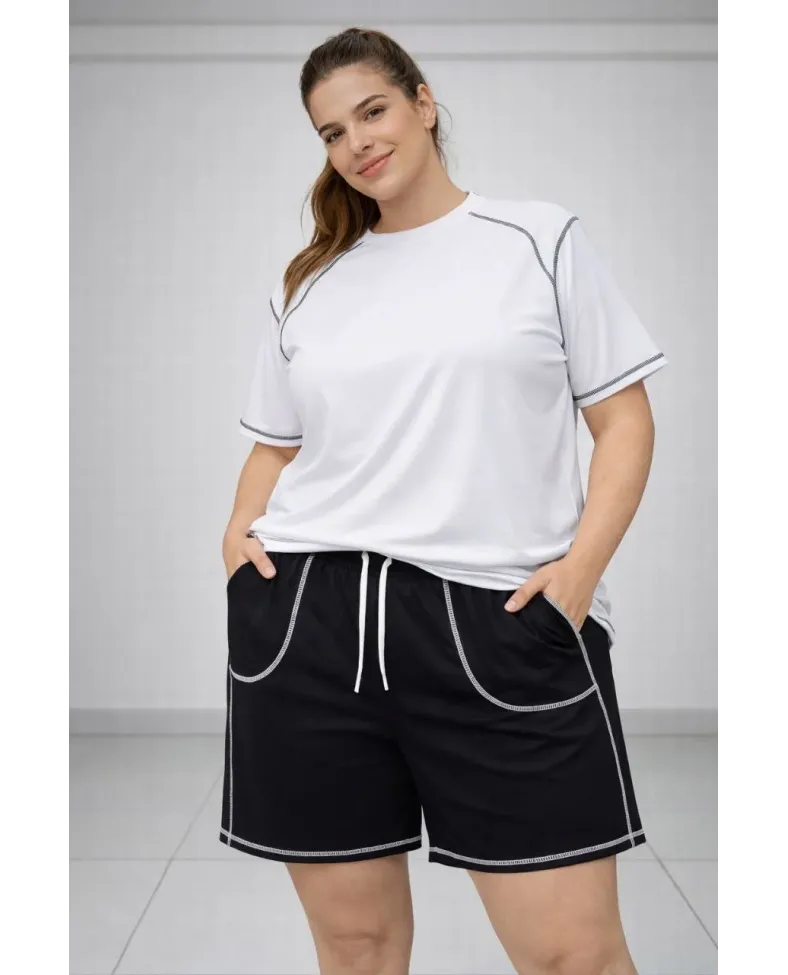 Kadın Battal Beden Kısa Kollu Tişört Şort Takım Kontrast Dikiş Detaylı Günlük Ev Giyimi - Beyaz